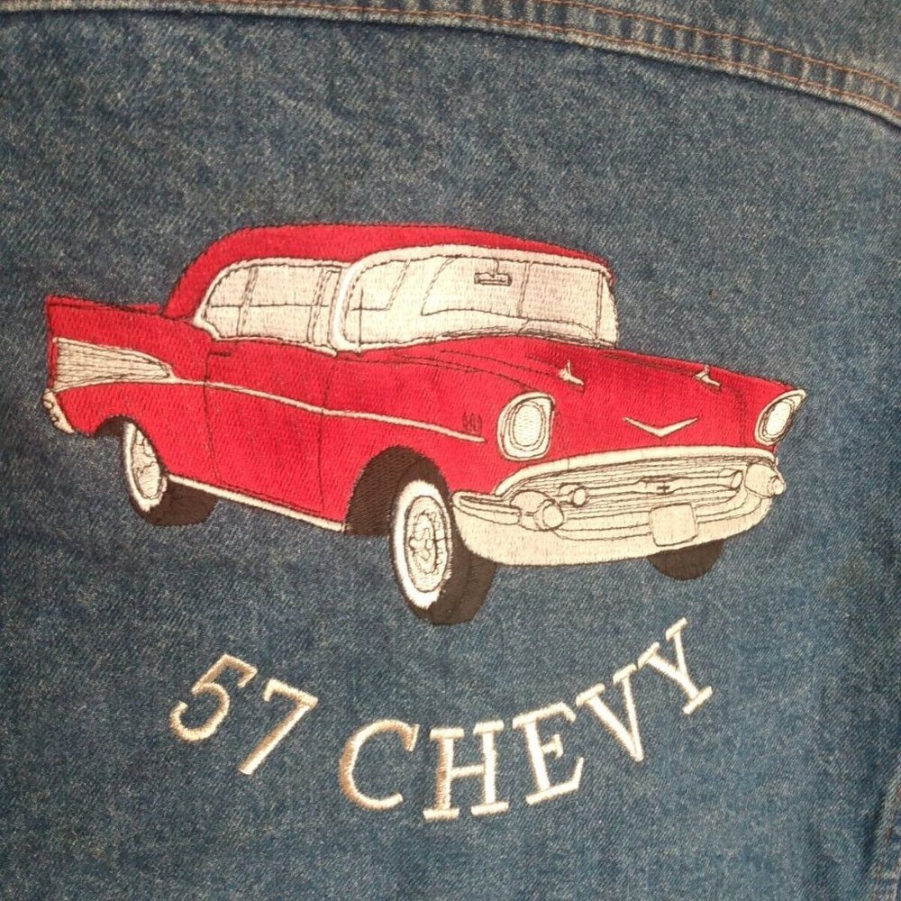 International denim aunthentic jeans jacket heartbeat of america 57 chevy